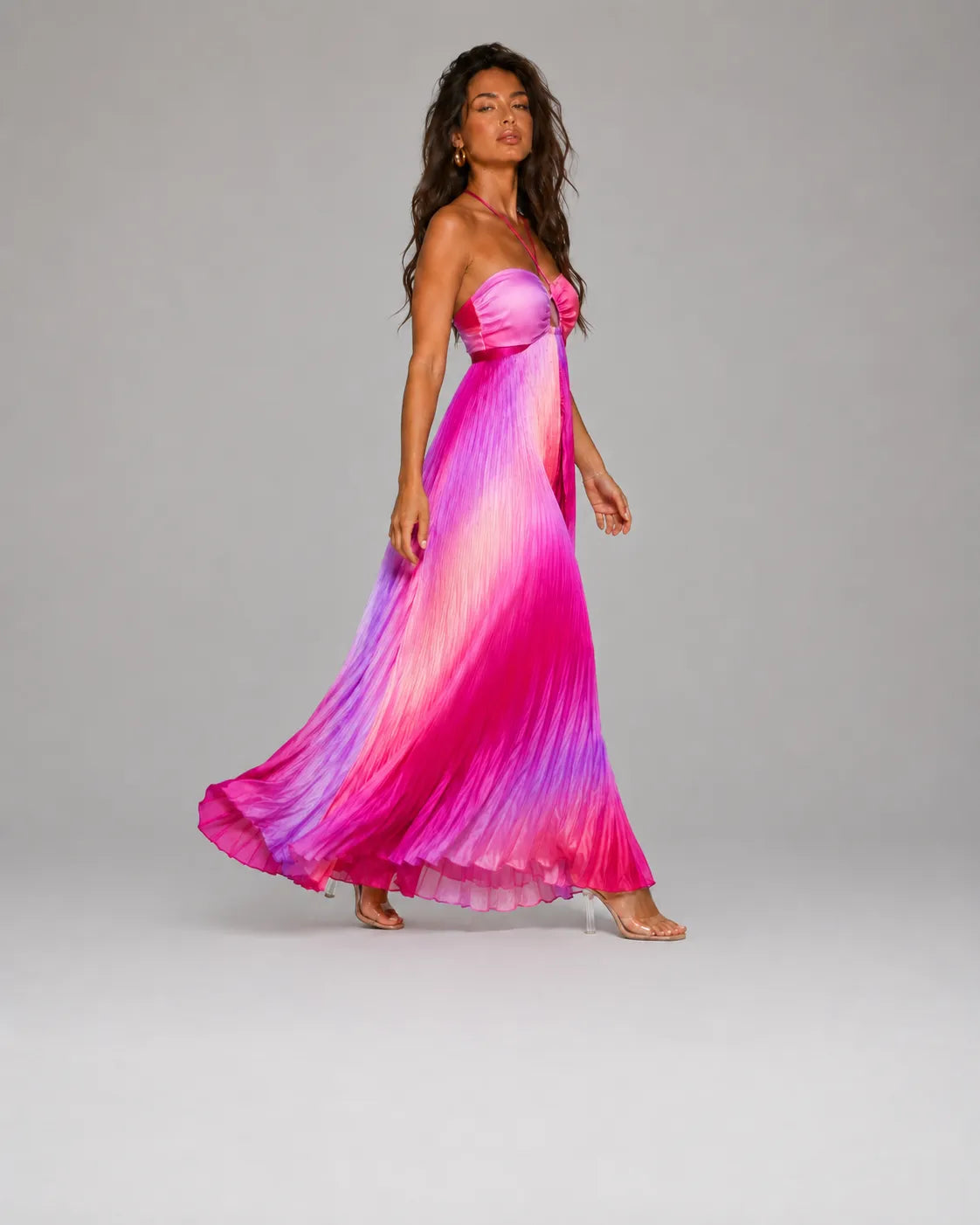 Ombré Cutout Pleated Maxi Dress