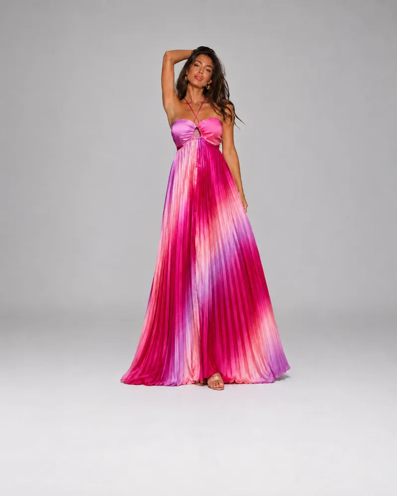 Ombré Cutout Pleated Maxi Dress
