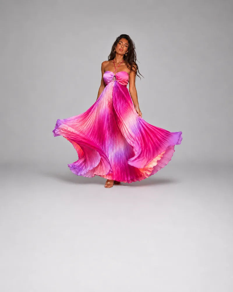 Ombré Cutout Pleated Maxi Dress